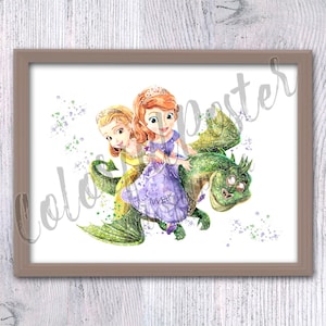 Impresión en acuarela de la Princesa Sofía: Princesa Ámbar, Arte infantil con dragón V380