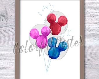 Disney balloons print Mickey Mouse balloons Disney wall decor Disneyland balloons Nursery art Disney balloons poster V699