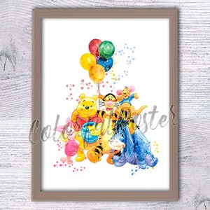 Impresión de Winnie the Pooh Póster de Winnie the Pooh y sus amigos Decoración de habitación infantil Regalo de baby shower Arte de pared para habitación infantil Oso de acuarela Winnie V168