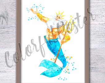 King Triton Watercolor Print: Little Mermaid Nursery Art V204