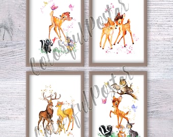 Bambi Poster 4er Set, Kinderzimmer Wand Kunst Dekor, Disney Illustration Drucke, Vintage Waldtier Kinderzimmer Dekor Baby Party Geschenk V394