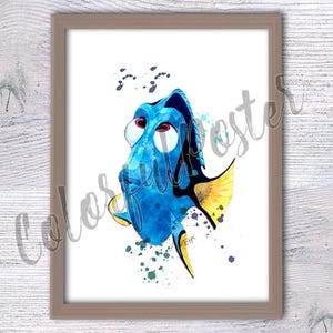 Dory Buscando a Nemo, Póster de Dory, Decoración de baño, Lámina náutica, Arte infantil, Regalo de baby shower, Pez Dory, Buscando a Nemo, Acuarela, Animación V22