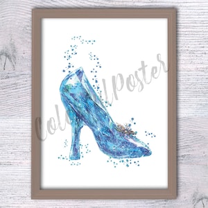 Cinderella poster Cinderella shoe watercolor print  wall decor Girls room decoration Kids room wall art  watercolor V463