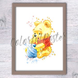 Baby Pooh Druck Winnie Puuh und Honigglas Poster Pooh Wanddekoration Geburtstagsgeschenk Kinderzimmer Wandkunst Süßer Bär Poster Wohnkultur V171