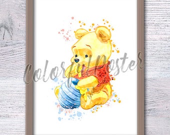 Baby Pooh print Winnie the Pooh and honey jar poster  wall decor Baby shower gift Nursery room art Cute bear poster V171