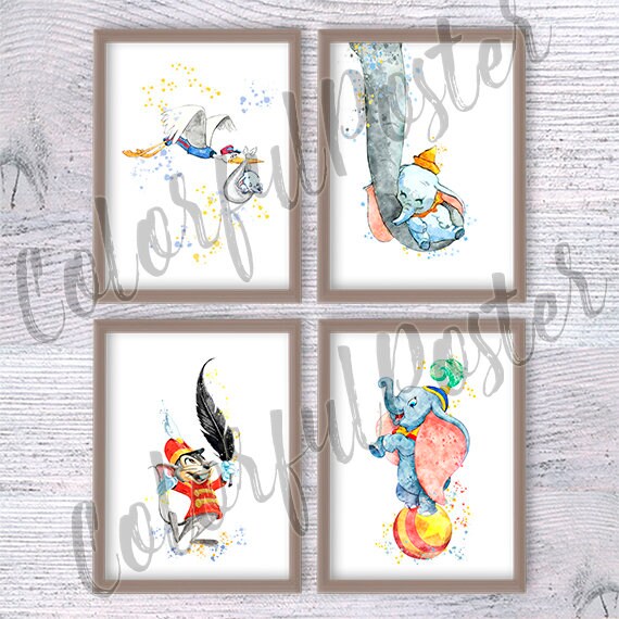 Elephant Dumbo print set, Dumbo watercolor illustration baby room, Elephant mouse stork delivery wall art, Newborn baby shower V615