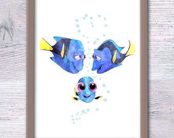 Lámina familiar de Buscando a Dory: Arte mural de acuarela para guardería V114