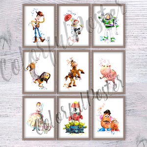 Toy Story Print Set of 9, Woody Buzz Jessie Forky Slinky Rex Hamm Bo Peep Alien Posters, Kids Room Decor, Nursery Wall Art V308