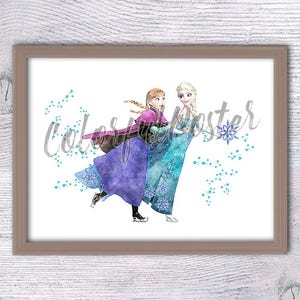 Frozen Kingdom Elsa and Anna print Elsa and Anna skating poster Frozen wall decor Nursery art Gift idea Elsa watercolor Princess Anna V147