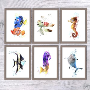 Set di stampe ad acquerello Alla ricerca di Nemo, decorazione per il bagno della cameretta dei bambini V31