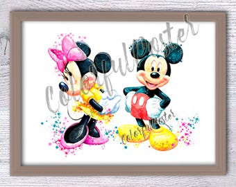 Minnie und Micky Maus Aquarell Druck: Kinderzimmer Kinderzimmer Illustration V242