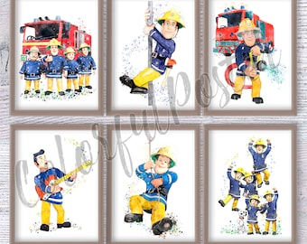 Fireman Sam print Set of 6 Fellow firefighters Sam Tan fireman Fireman Sam poster Birthday gift Nursery art Home decor Wall art V739