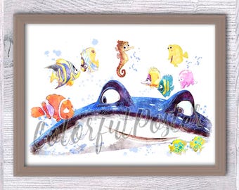 Finding Dory Poster, Finding Nemo Print, Mr Ray Wall Art, Ocean Nursery Decor, Kids Room Nautical Print, Baby Dory Cute Sea Animal Art V96
