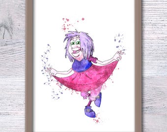 Stampa ad acquerello di Madame Mim, L'arte della Spada nella Roccia, Arte murale del cattivo classico, Decorazione per la cameretta a tema stregonesco, Meraviglioso poster di Mad Madam Mim V120