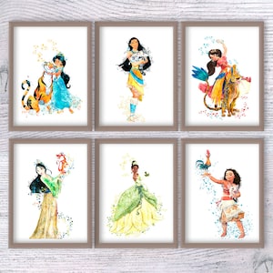Póster de princesa, juego de 6, estampado de princesa de hadas, decoración de pared mágica, regalo para regalo, princesa y mascotas, arte infantil, decoración del hogar, regalo de cumpleaños V446