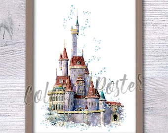 Beauty and the Beast Castle Print, Watercolor Enchanted Kids Room Art V535