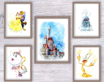 Set de láminas de La Bella y la Bestia, Castillo en acuarela, Decoración para habitación infantil V389