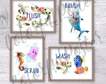 Bathroom prints Set of 4 Finding Nemo poster Squirt cute turtle Birthday gift Home decor Nursery art Finding Dory print  Wall art V572