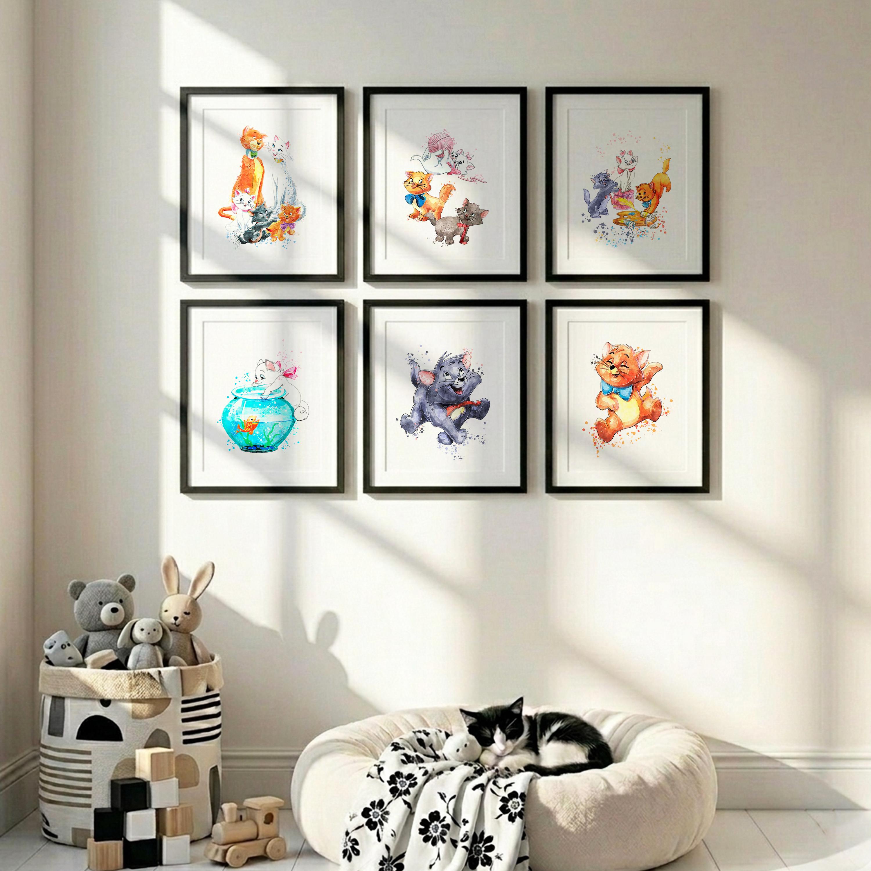 Aristocats Wall Art Set of 6, Nursery Cat Posters, Marie Berlioz