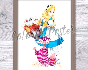 Alicia en el país de las maravillas Alicia y sus amigos Decoración de pared de Disney Póster de Alicia Impresión de Alicia Arte infantil Acuarela de Alicia Regalo de Navidad V774