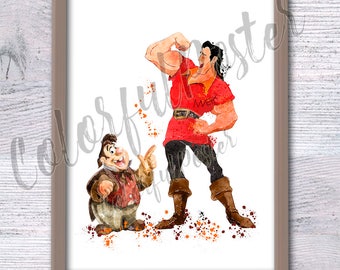 Beauty and the Beast poster Gaston and Le Fou watercolor print  wall decor Kids room wall art Gift idea Nursery room decor V359
