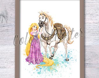 Rapunzel print Rapunzel poster Disney wall decor Disney princess Rapunzel with horse Princess Rapunzel Disney horse Nursery art V775