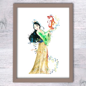 Mulan and Mushu poster Princess Mulan print Mulan wall decor Nursery art Princess Mulan watercolor Wall hanging Princess wall art V440