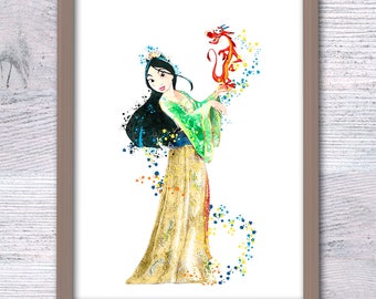 Mulan und Mushu Poster Prinzessin Mulan Druck Mulan Wanddekor Kinderzimmer Kunst Prinzessin Mulan Aquarell Wandbehang Prinzessinenwandkunst V440
