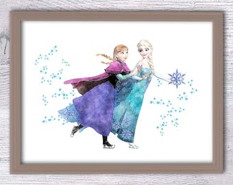Frozen Kingdom Elsa and Anna print Elsa and Anna skating poster Frozen wall decor Nursery art Gift idea Elsa watercolor Princess Anna V147