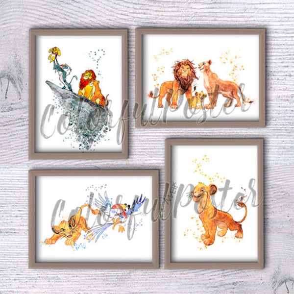 Lion King ensemble de 4 Lion King impression Lion King affiche Tenture murale art Baby shower cadeau Nursery room decoration V219