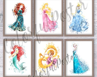 Fairy princess, Disney princess, Set of 6, Girl room decor, Baby shower gift, Disney watercolor poster, Nursery room decor V85