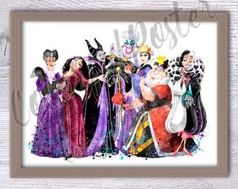 Vilões inspirados na Disney, Impressão de arte de fã, Malévola, Úrsula e Hades, Decoração sombria exclusiva, Presente para amantes de vilões, Impressão mágica de vilões V325