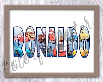 Personalized Cars Name Print: Custom Birthday Gift, Kids Room Decor V661