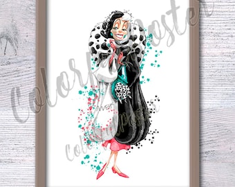 Impresión de Cruella de Vil, decoración de pared de Disney, póster de villano, ilustración de 101 dálmatas, impresión de villano, villanos de Disney, arte infantil V324