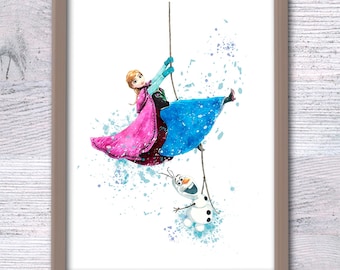 Frozen Watercolor Print: Anna and Olaf, Nursery Art V140