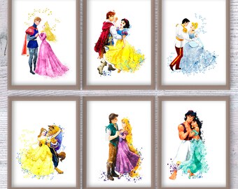 6er-Set Prinzessinnen Poster Märchenprinz Aladdin Plakat Wandkunst Wohnkultur Geburtstagsgeschenk Prinz und Prinzessin Kunst V358