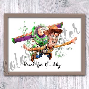 Toy Story Reach for the Sky Print, Woody and Buzz Poster, Kids Room Decor, Pixar Wall Art, Disney Movie Fan Gift, Toy Story Art Poster V870