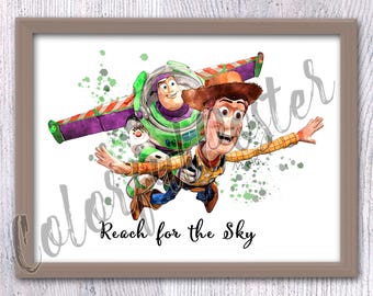 Toy Story Reach for the Sky Print, Woody and Buzz Poster, Kids Room Decor, Pixar Wall Art, Disney Movie Fan Gift, Toy Story Art Poster V870