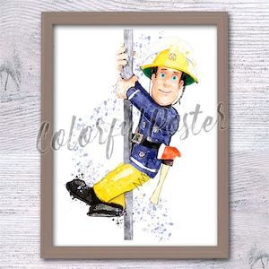Poster Sam le pompier, oeuvre d'art murale pour chambre d'enfant, décoration de chambre d'enfant, impression pompier dessin animé, cadeau d'anniversaire, chambre de garçon V726
