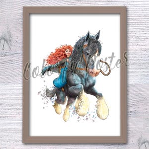 Merida print Merida the Brave poster Merida and her horse Princess Merida watercolor Merida wall decor Cute princess Nursery art V861