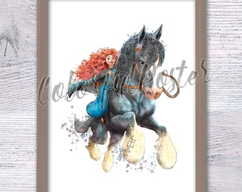 Merida print Merida the Brave poster Merida and her horse Princess Merida watercolor Merida wall decor Cute princess Nursery art V861