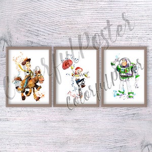 Zestaw 3 wydruków Toy Story, Disney Pixar Art, Woody, Buzz, Jessie Plakaty, Dekoracja pokoju dziecięcego, Sztuka ścienna do pokoju zabaw, Prezent urodzinowy V295
