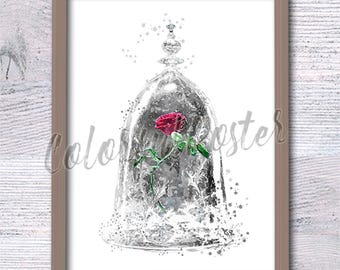 Enchanted Rose Art Print, Beauty and the Beast Inspired Wall Decor, Fairytale Nursery Poster, Romantic Anniversary, Red Rose Watercolor V567