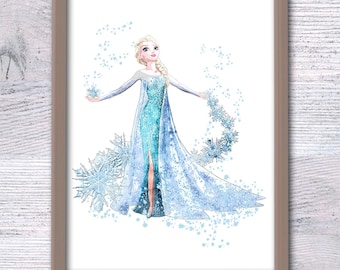 Elsa Watercolor Print: Frozen Fairy Tale Nursery Decor V137