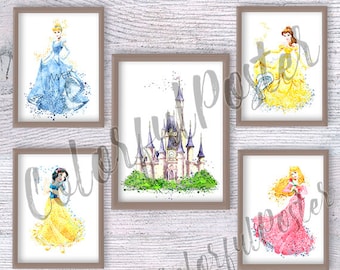 Fairy princess print Set of 5 Cinderella castle Princess poster Disney wall decor Princess watercolor Nursery art Baby shower gift V191