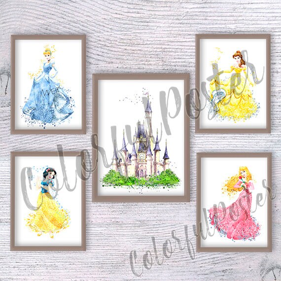 Disney Castle Bundle Set of 6 Disney Art Illustration Watercolor Bedroom  Nursery Decor 