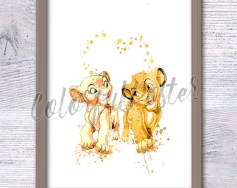 Simba and Nala Print, Lion King Wall Art, Disney Home Decor, Nursery Art Print, Kids Room Poster, Baby Gift, Watercolor Birthday Gift V469