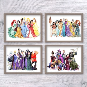 Disney Villains and Heroes Print Set, 4 Piece Disney Wall Decor, Disney Poster, Disney Princess, Disney Villain Art, Birthday Gift V337