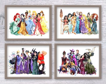 Disney Villains and Heroes Print Set, 4 Piece Disney Wall Decor, Disney Poster, Disney Princess, Disney Villain Art, Birthday Gift V337
