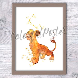 Simba plakat Lew Król wydruk Lew Król dekoracja ścienna Simba wydruk Sztuka do pokoju dziecięcego Lew Król plakat Akwarela Simba Uroczy lew V152